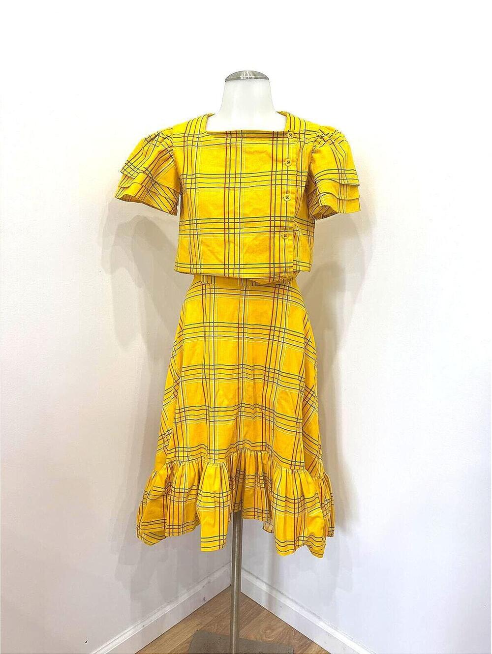 1950s Style Set Yellow Plaid Short Sleeve Dress with Ruffle Hem